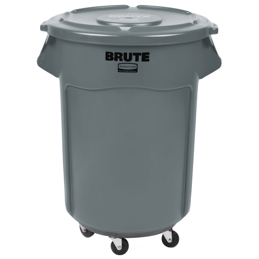Rubbermaid® BRUTE 55 Gallon Gray Round Trash Can, Lid, and Dolly Kit