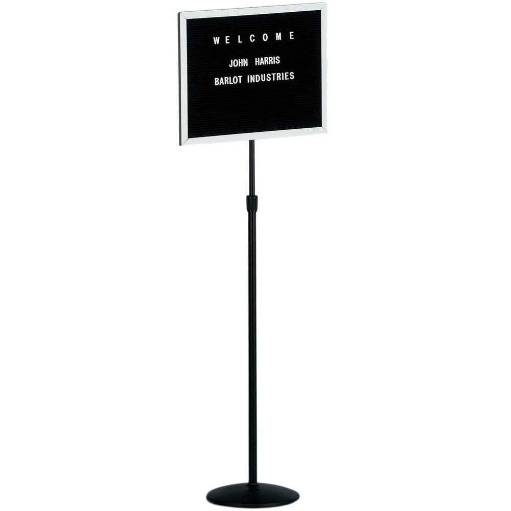 Aarco SMD1418 36" - 66" Black Adjustable Aluminum Single Pedestal Stand with 14" x 18" Black Felt Board and 3/4" Letters
