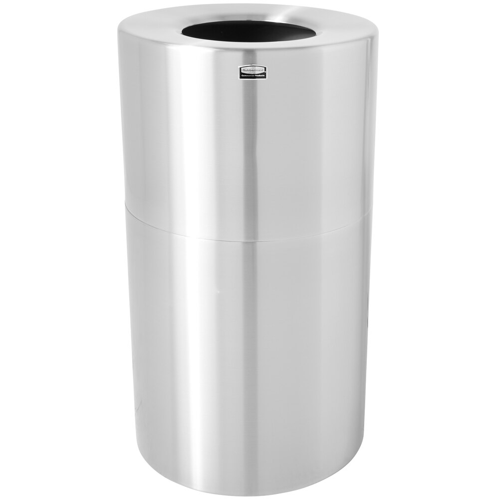 Rubbermaid® FGAOT35SAPL Atrium Satin Finish 2-Piece Round Open Top Aluminum Trash Can with Rigid Plastic Liner 21 Gallon