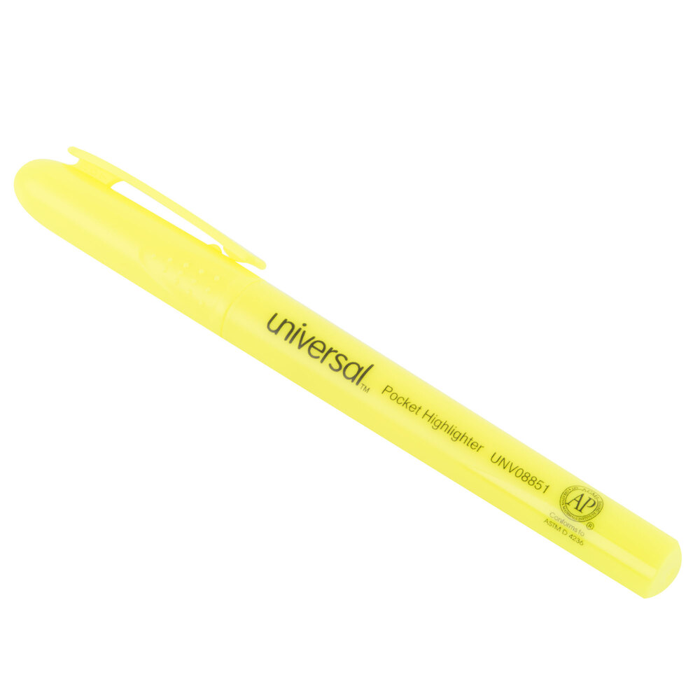 Universal UNV08851 Fluorescent Yellow Chisel Tip Pen Style Highlighter with Pocket Clip - 12/Pack