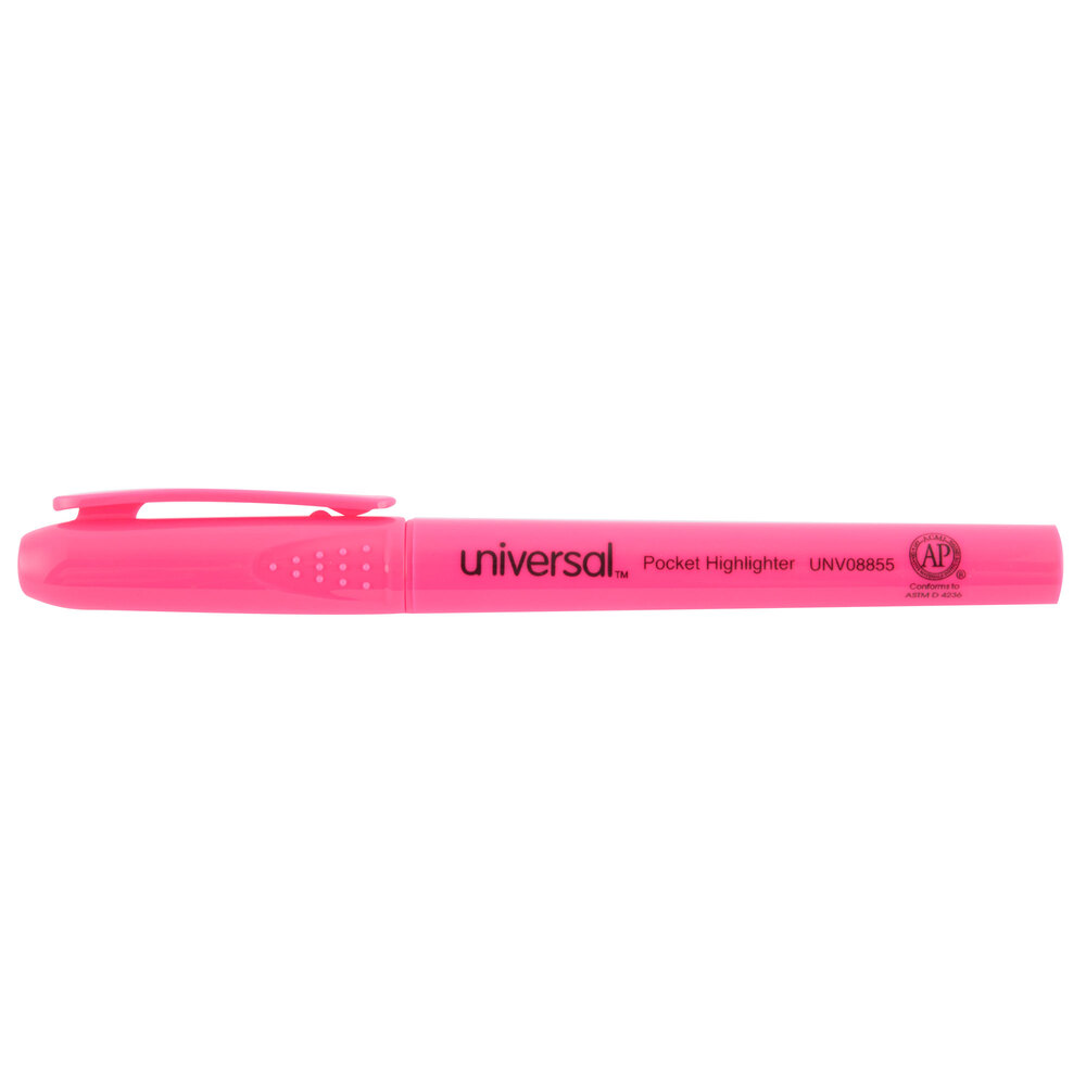 Universal UNV08855 Fluorescent Pink Chisel Tip Pen Style Highlighter with Pocket Clip - 12/Pack