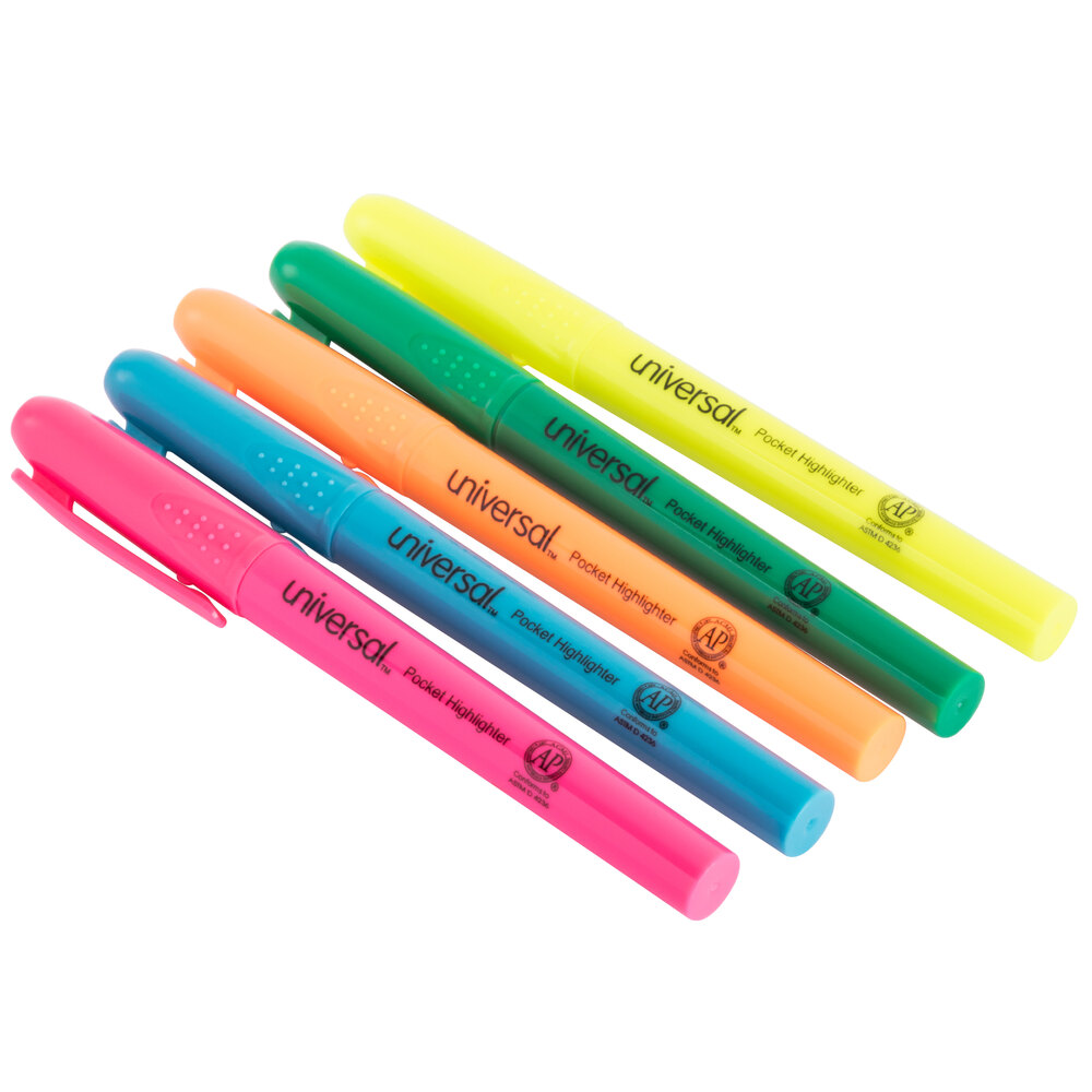 Universal UNV08850 Chisel Tip Pen Style Pocket Highlighter, Fluorescent Color Assortment - 5/Pack