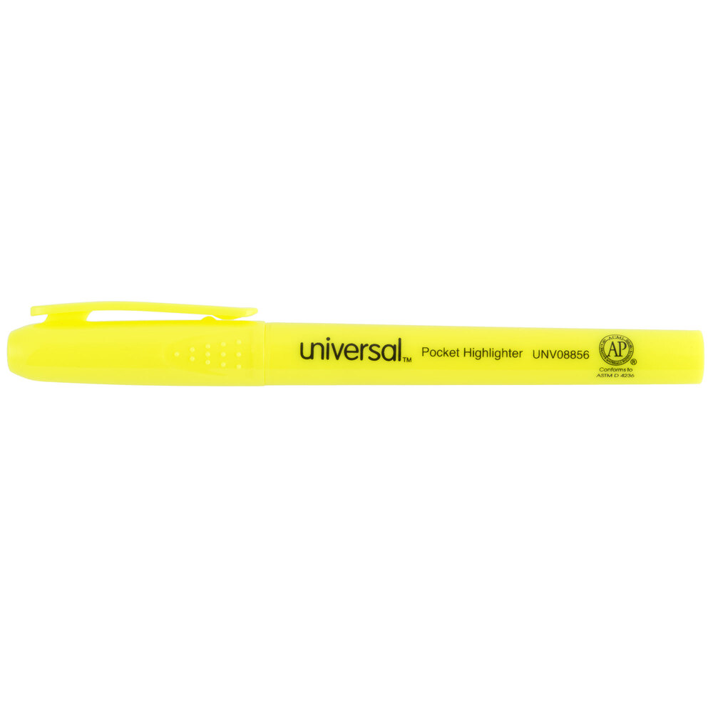Universal UNV08856 Fluorescent Yellow Chisel Tip Pen Style Highlighter with Pocket Clip - 36/Pack