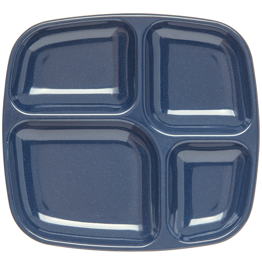 Carlisle 4398635 10 1/2" x 9 1/2" Ambidextrous Heavy-Duty Melamine NSF Cafe Blue 4 Compartment Server Tray
