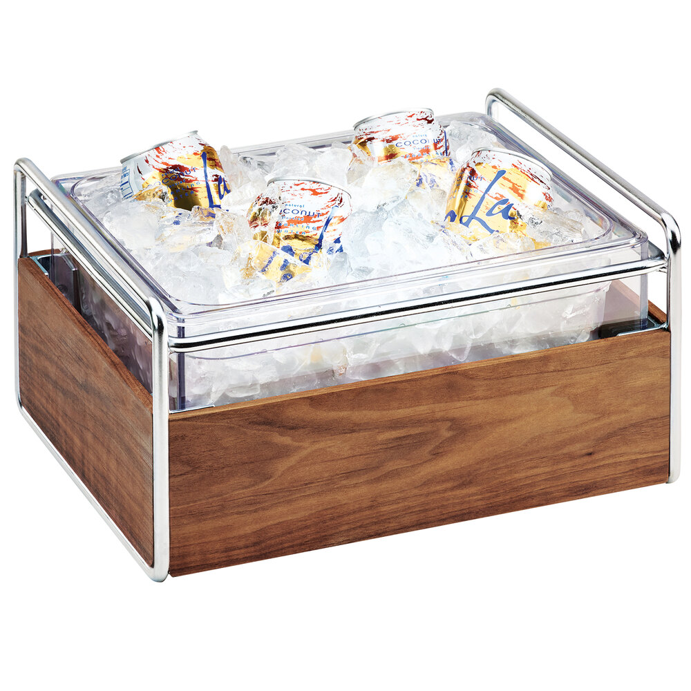 Cal-Mil 3702-10-49 Mid-Century Chrome Metal and Wood Ice Housing with Clear Plastic Pan - 11" x 14" x 7"