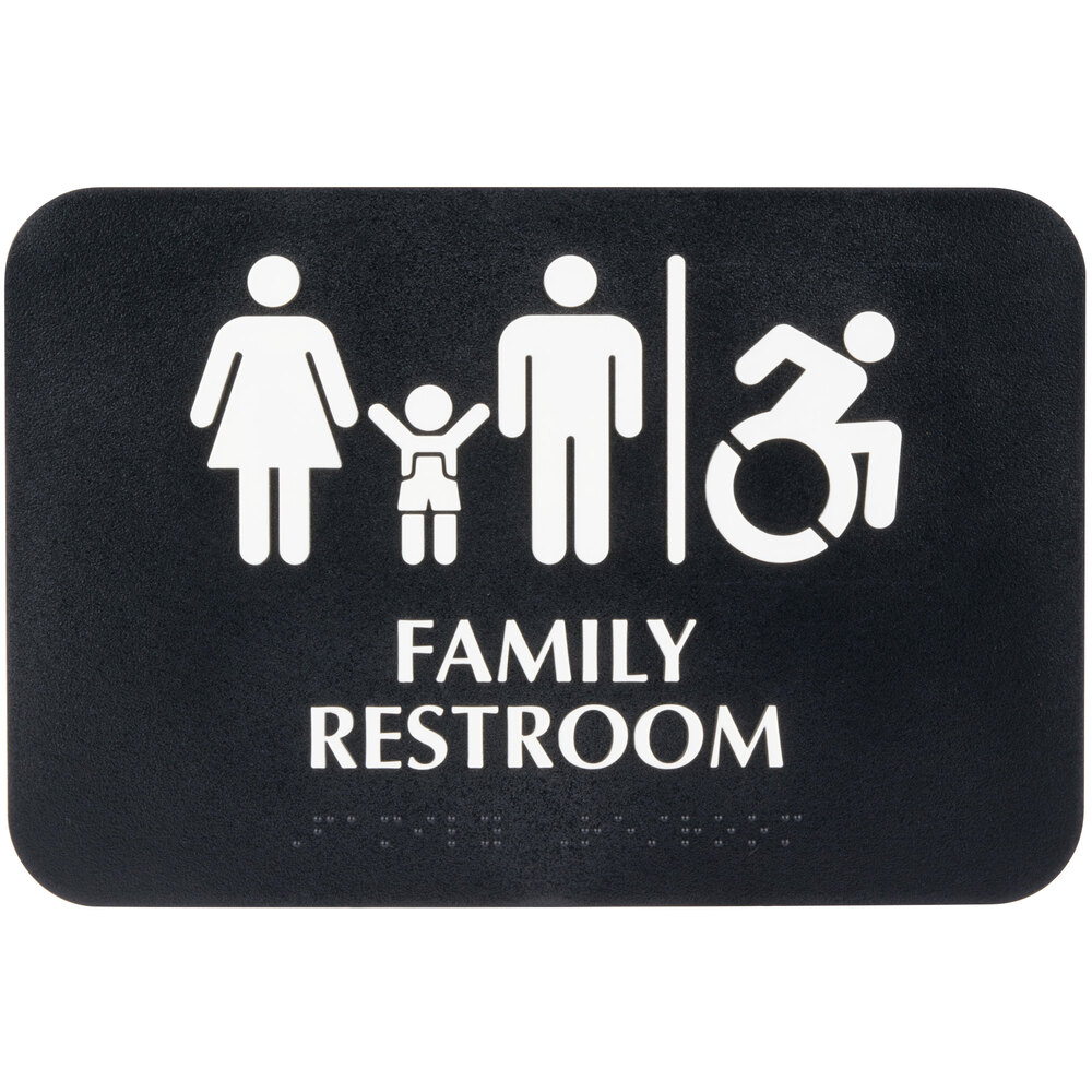 Tablecraft 695651 ADA Family Restroom / Handicap Accessible Restroom Sign with Braille - Black and White, 9" x 6"