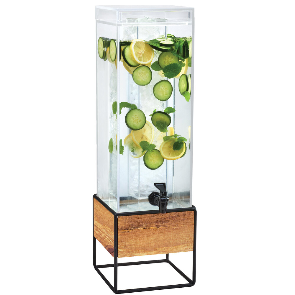 Cal-Mil 3561-3-99 Madera 3 Gallon Square Beverage Dispenser with Walnut and Metal Base and Ice Chamber