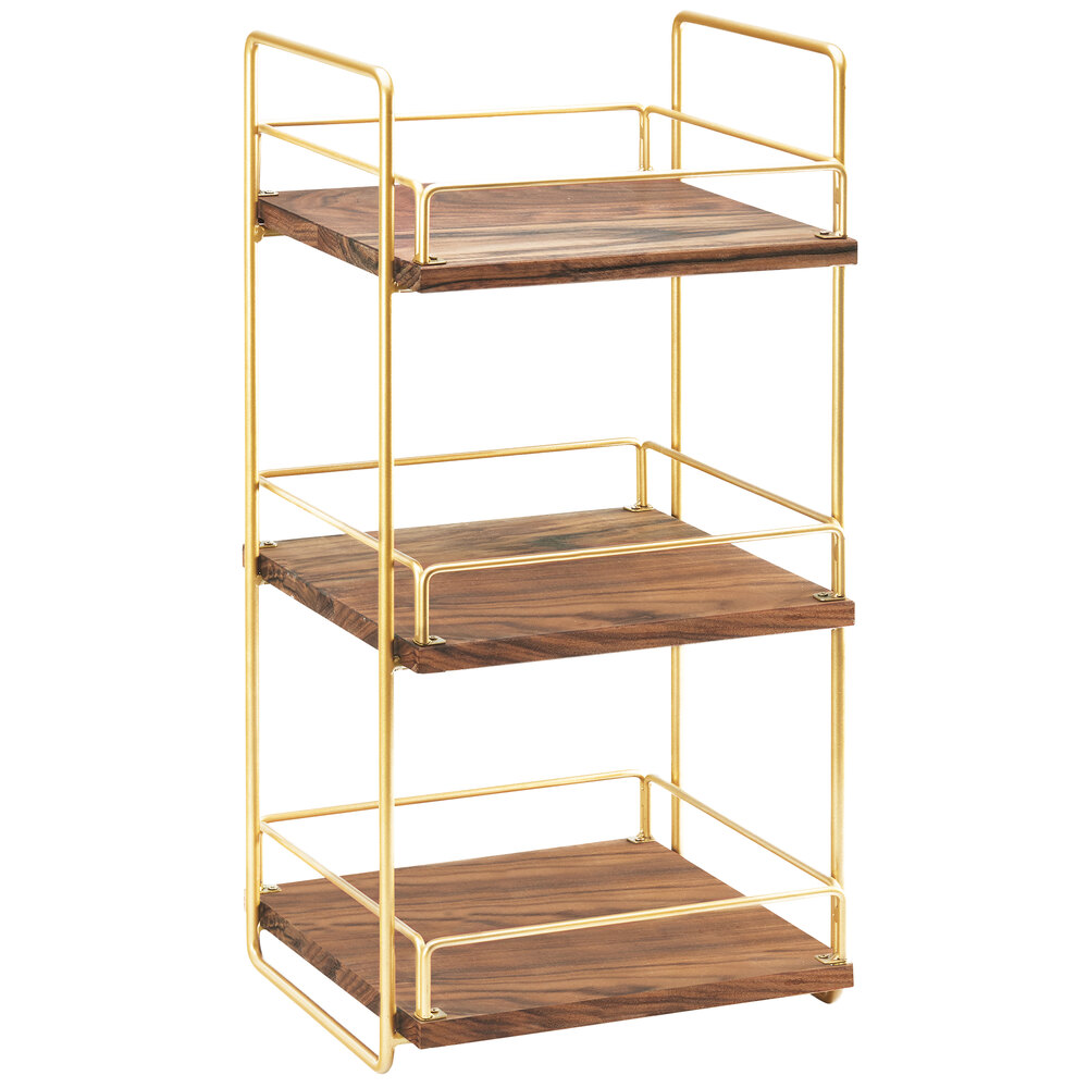 Cal-Mil 3704-3-46 Mid-Century Wood and Brass Three Tier Merchandiser - 13" x 12" x 26"