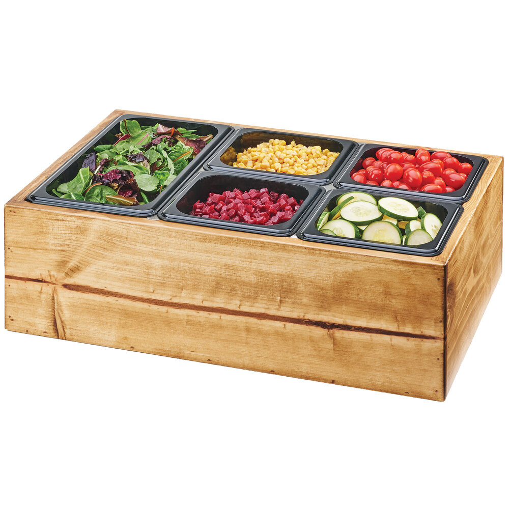 Cal-Mil 3585-99 Madera Rustic Pine Salad Station with Clear Ice Liner and 5 Black Pans - 22" x 14" x 7"