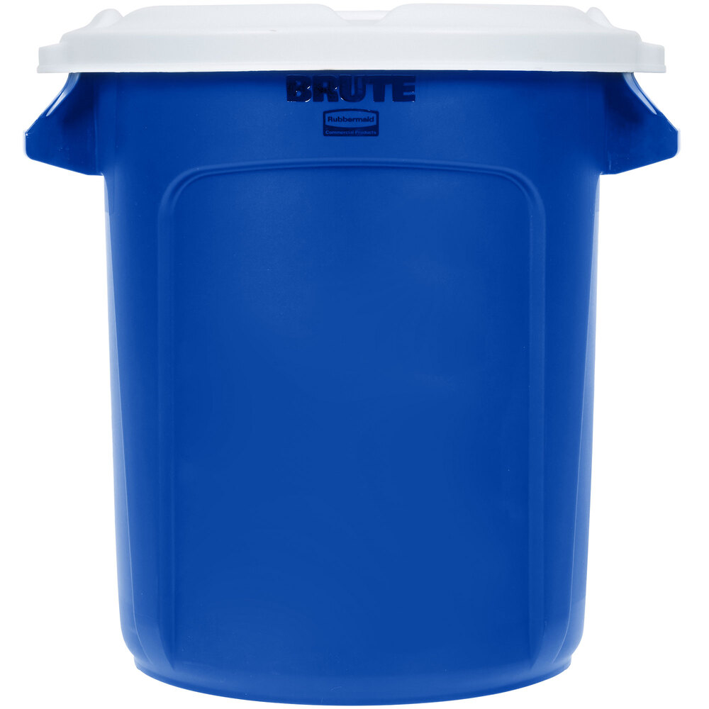 Rubbermaid® BRUTE 10 Gallon Blue Round Recycling Can with White Lid