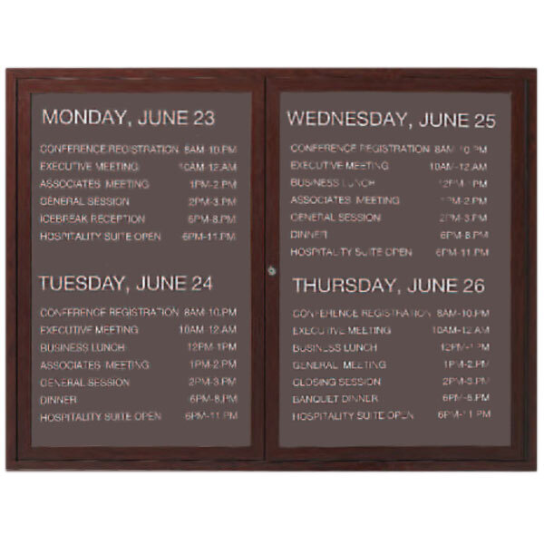 Aarco OADCW3648L 36" x 48" Enclosed Hinged Locking 2 Door Aluminum with Powder Coated Cherry Finish Outdoor Directory Board with Black Vinyl Letter Board and 3/4" Letters