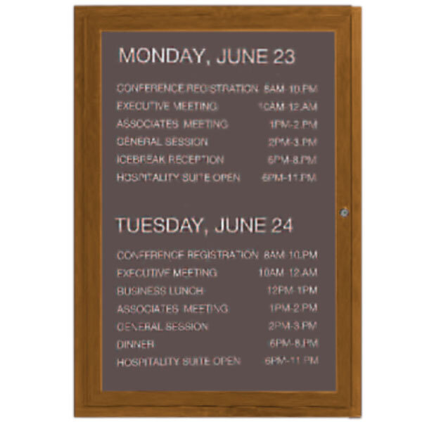 Aarco OADCO2418L 24" x 18" Enclosed Hinged Locking 1 Door Aluminum with Powder Coated Oak Finish Outdoor Directory Board with Black Vinyl Letter Board and 3/4" Letters