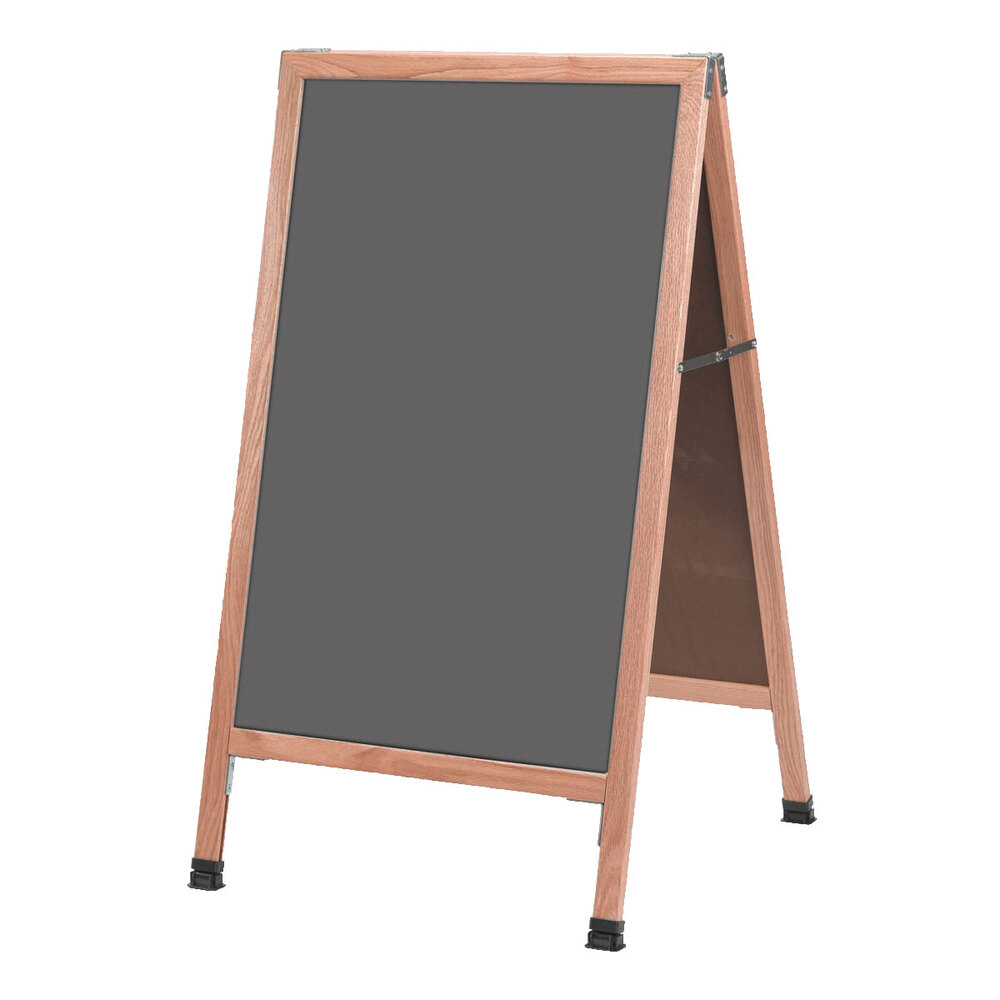 Aarco A-1SS 42" x 24" Oak A-Frame Sign Board with Slate Gray Write-On Porcelain Chalk Board