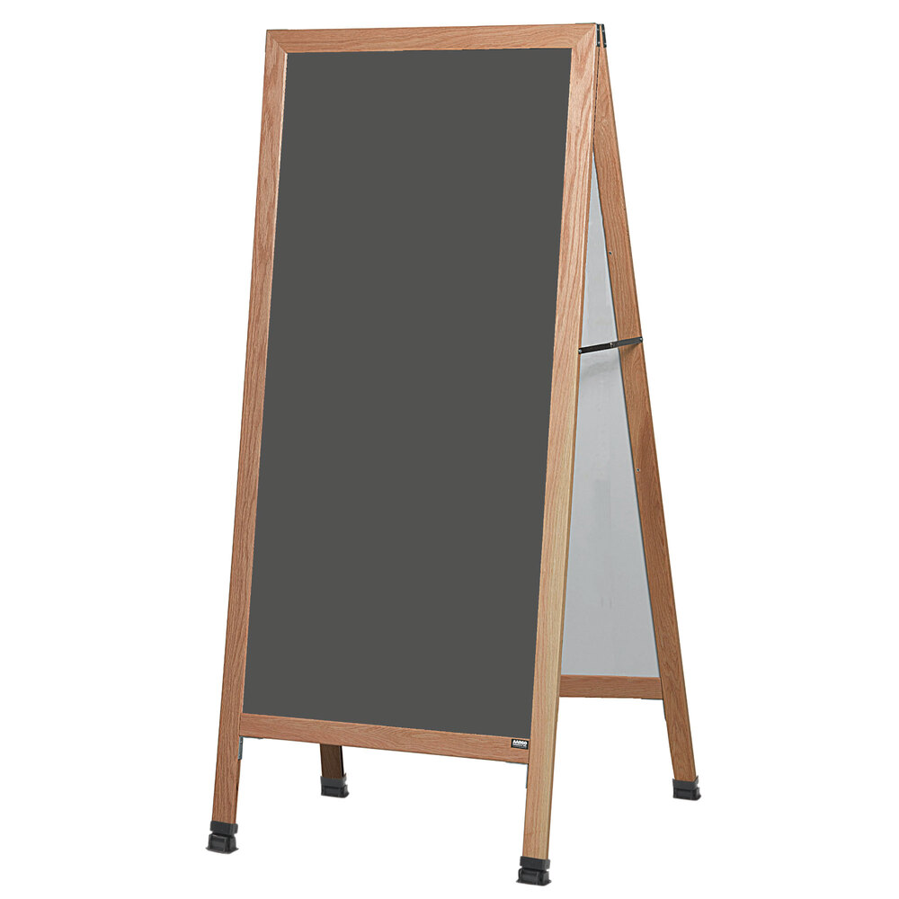 Aarco LA1SS 68" x 30" Oak A-Frame Sign Board with Slate Gray Write-On Porcelain Chalk Board