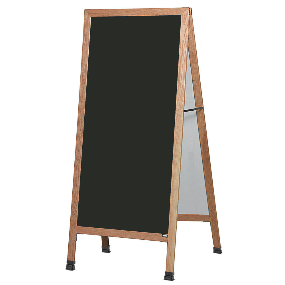 Aarco LA5SB 68" x 30" Oak A-Frame Sign Board with Black Write-On Porcelain Marker Board