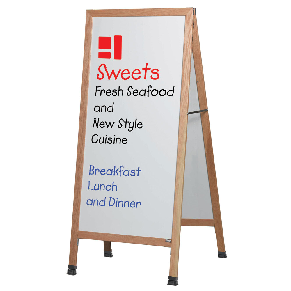 Aarco LA5SW 68" x 30" Oak A-Frame Sign Board with White Write-On Porcelain Marker Board