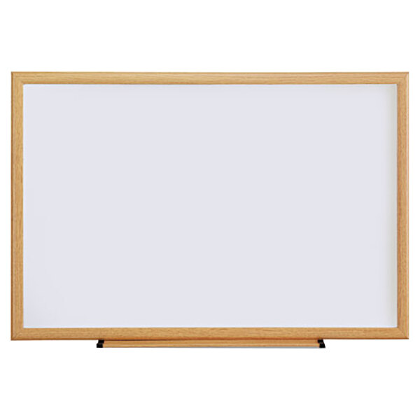 Universal UNV43619 36" x 24" White Melamine Dry-Erase Board with Oak Frame