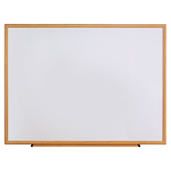 Universal UNV43618 48" x 36" White Melamine Dry-Erase Board with Oak Frame