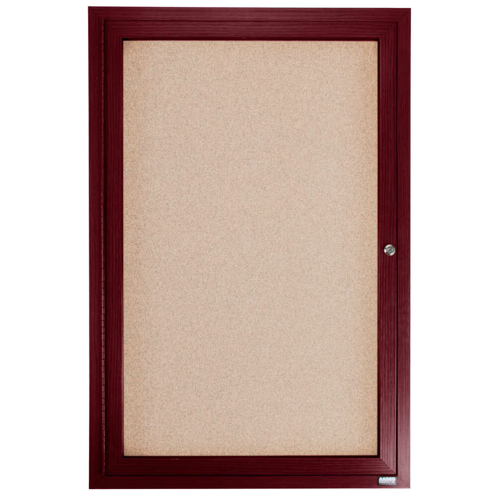 Aarco CBC4836R 48" x 36" Enclosed Indoor Hinged Locking 1 Door Bulletin Board with Cherry Frame