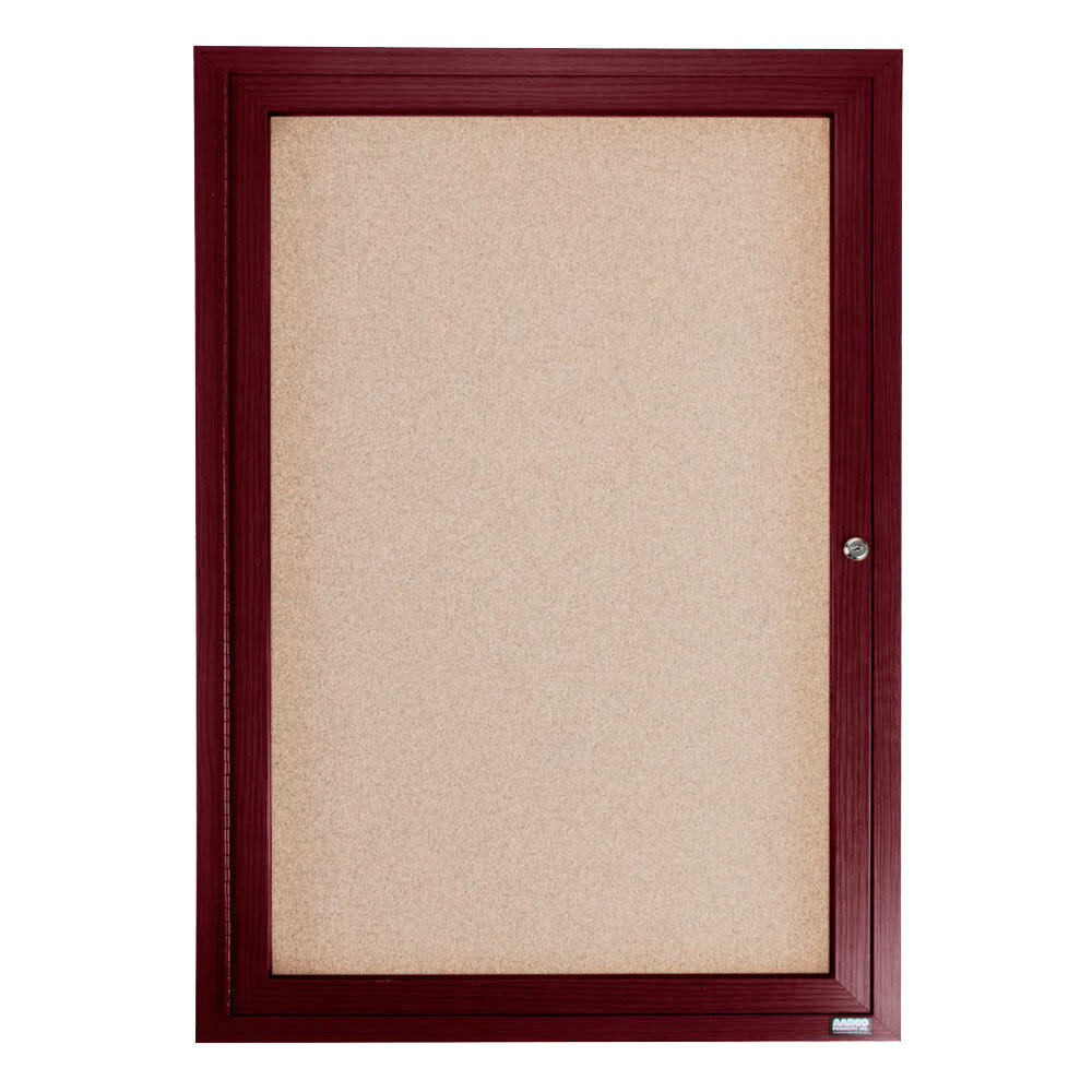Aarco CBC2418R 24" x 18" Enclosed Indoor Hinged Locking 1 Door Bulletin Board with Cherry Frame