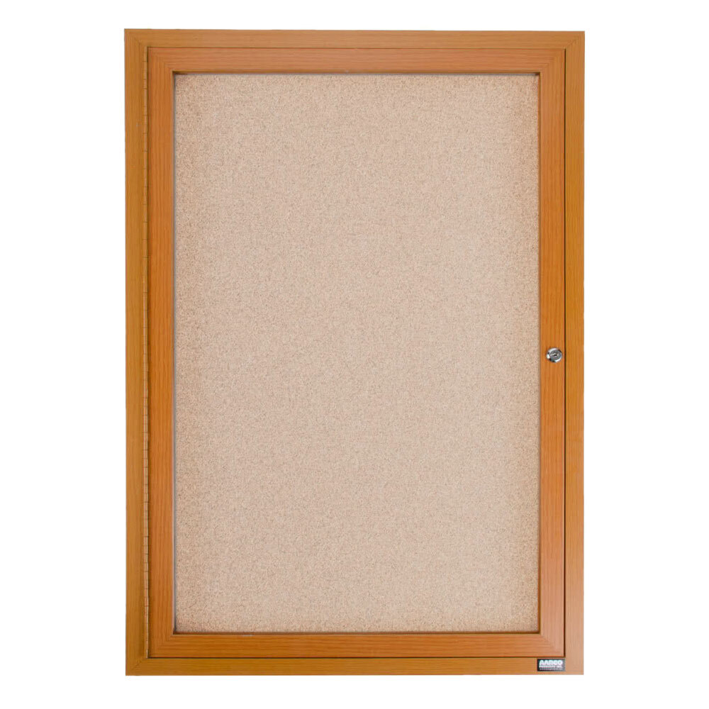 Aarco OBC2418R 24" x 18" Enclosed Indoor Hinged Locking 1 Door Bulletin Board with Natural Oak Frame