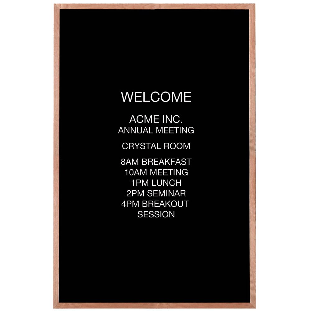 Aarco AOFD7248L 72" x 48" Black Felt Open Face Vertical Indoor Message Board with Oak Wood Frame and 3/4" Letters