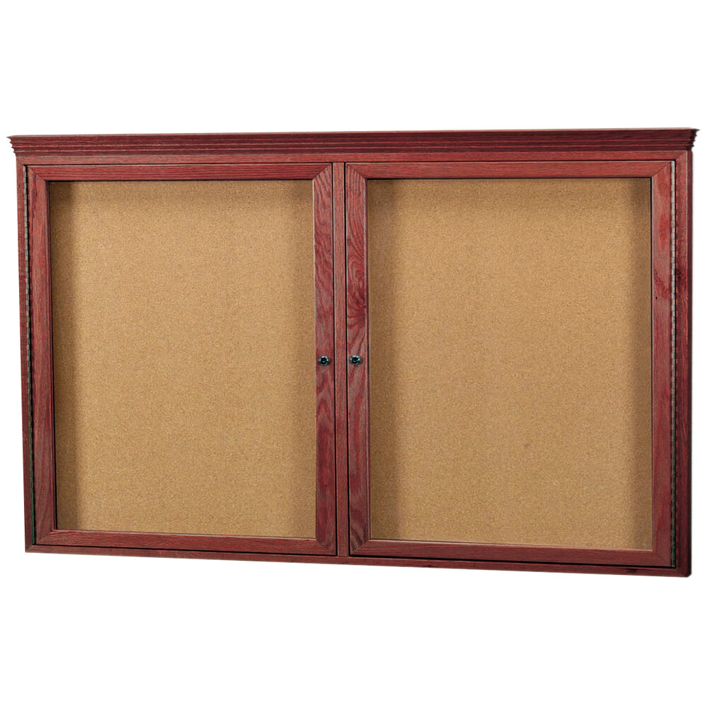 Aarco CBC3660RC 36" x 60" Enclosed Indoor Hinged Locking 2 Door Bulletin Board with Cherry Frame and Crown Molding