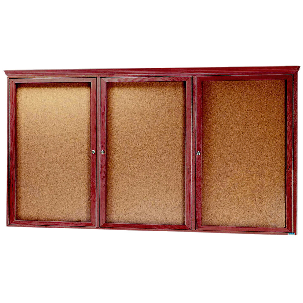Aarco CBC4896RC 48" x 96" Enclosed Indoor Hinged Locking 3 Door Bulletin Board with Cherry Frame and Crown Molding