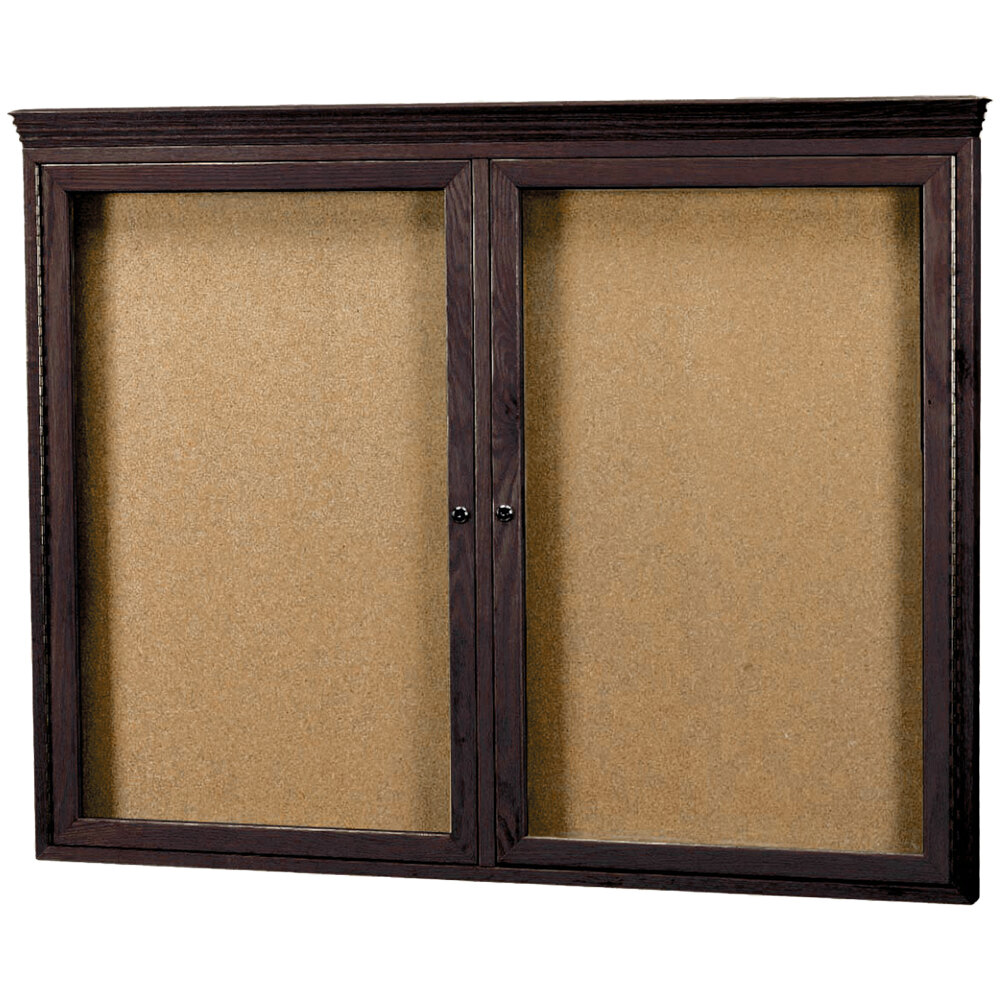 Aarco WBC3648RC 36" x 48" Enclosed Hinged Locking 2 Door Bulletin Board with Walnut Finish and Crown Molding