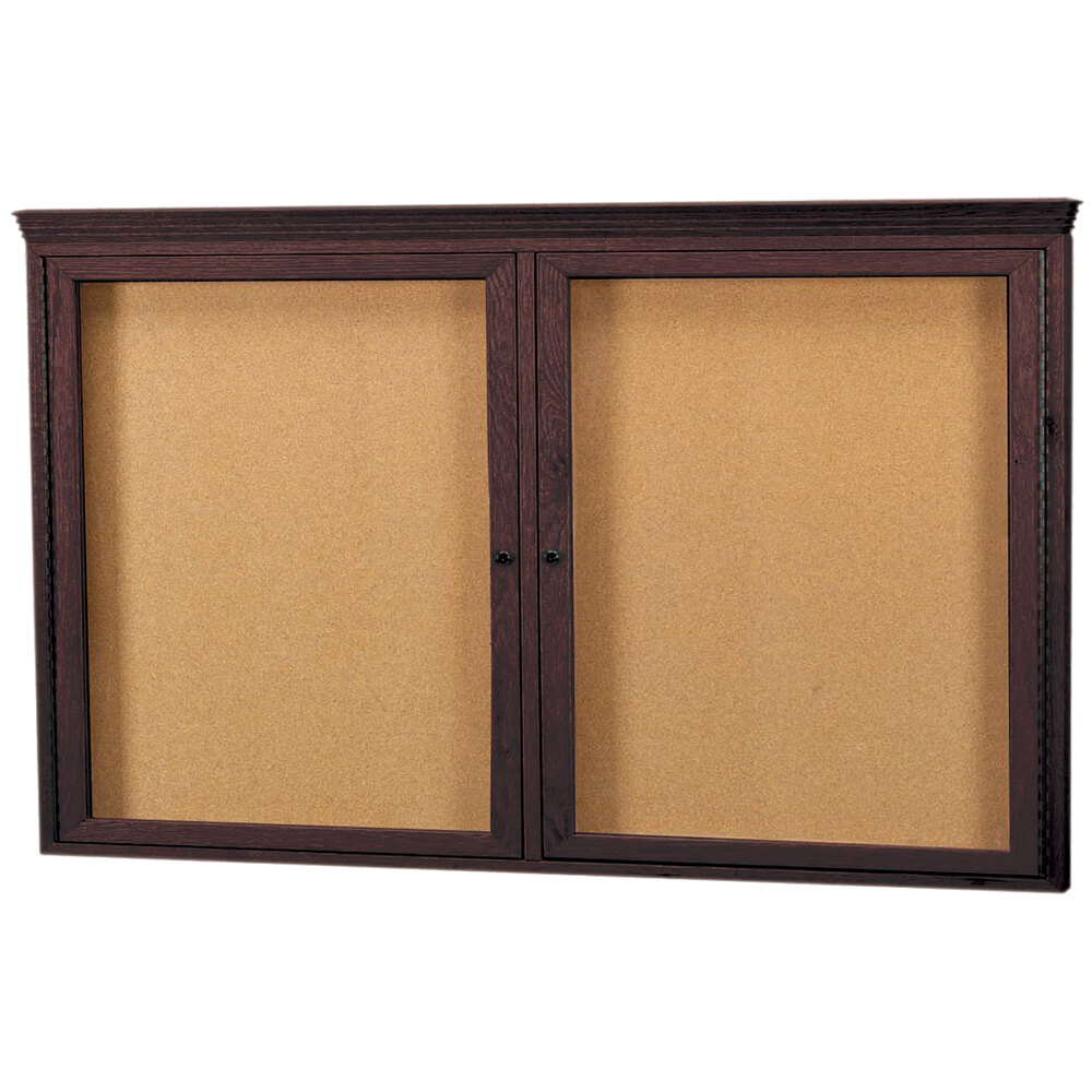 Aarco WBC3660RC 36" x 60" Enclosed Hinged Locking 2 Door Bulletin Board with Walnut Finish and Crown Molding