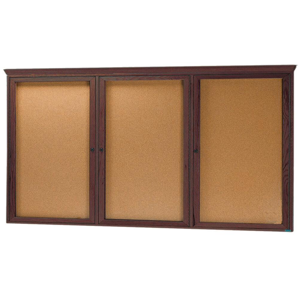 Aarco WBC3672RC 36" x 72" Enclosed Hinged Locking 3 Door Bulletin Board with Walnut Finish and Crown Molding