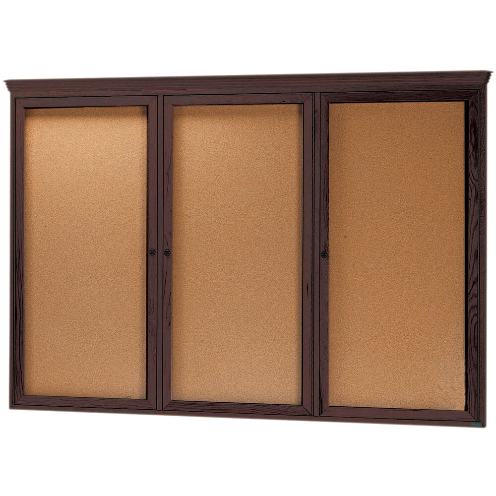 Aarco WBC4872RC 48" x 72" Enclosed Hinged Locking 3 Door Bulletin Board with Walnut Finish and Crown Molding