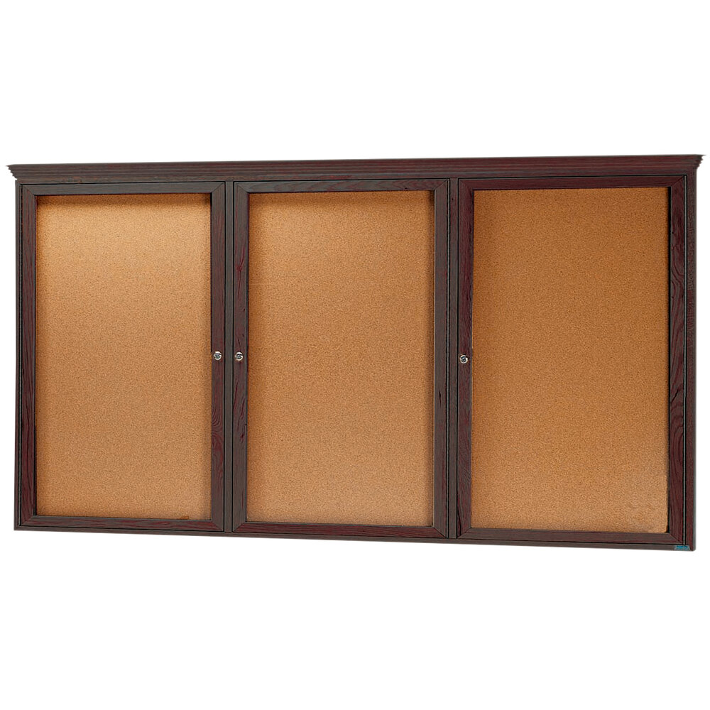 Aarco WBC4896RC 48" x 96" Enclosed Hinged Locking 3 Door Bulletin Board with Walnut Finish and Crown Molding