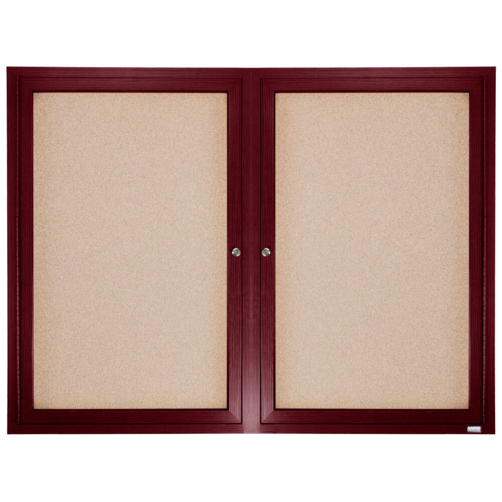 Aarco CBC3648R 36" x 48" Enclosed Indoor Hinged Locking 2 Door Bulletin Board with Cherry Frame