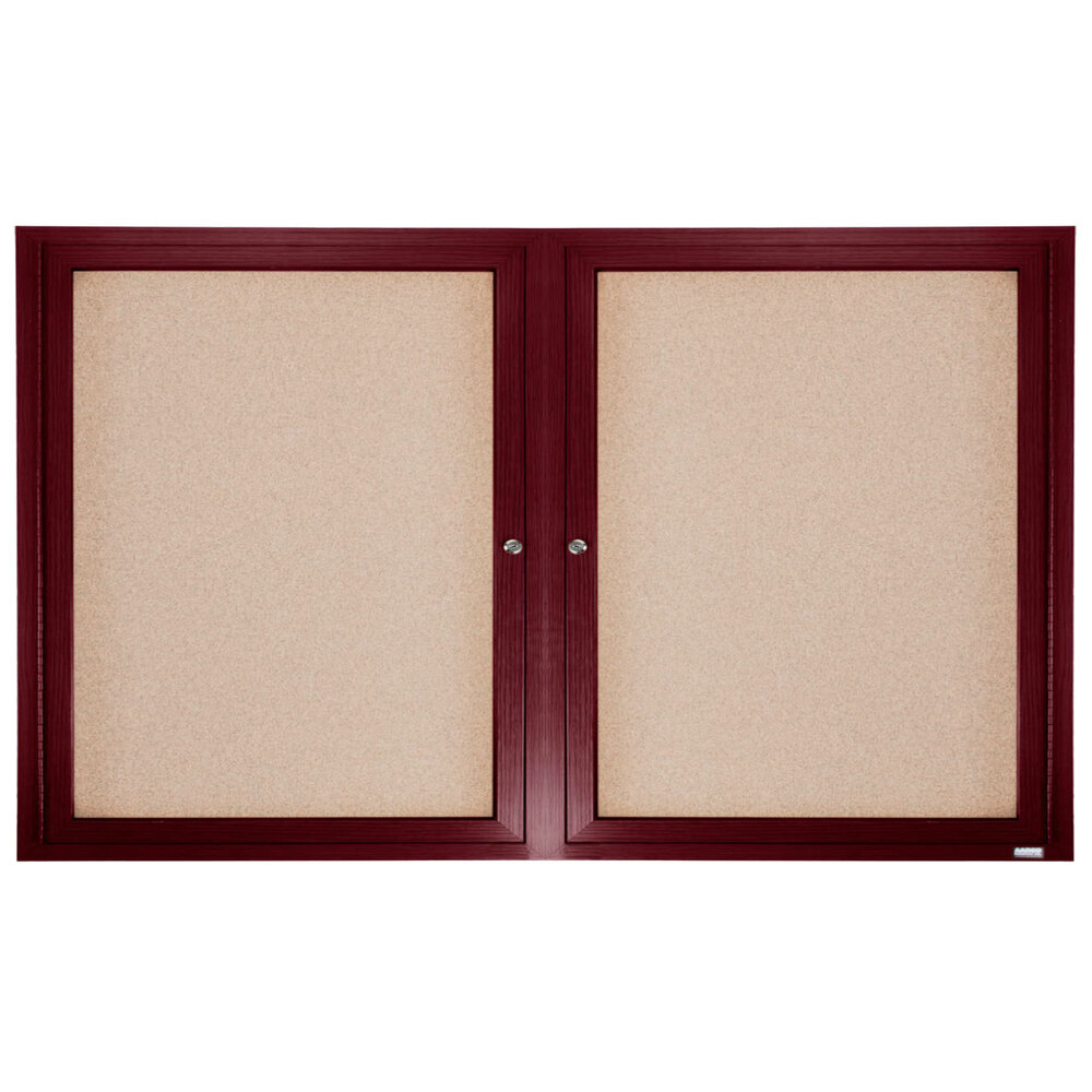 Aarco CBC3672R 36" x 72" Enclosed Indoor Hinged Locking 2 Door Bulletin Board with Cherry Frame