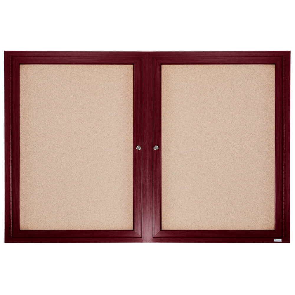 Aarco CBC4872R 48" x 72" Enclosed Indoor Hinged Locking 2 Door Bulletin Board with Cherry Frame