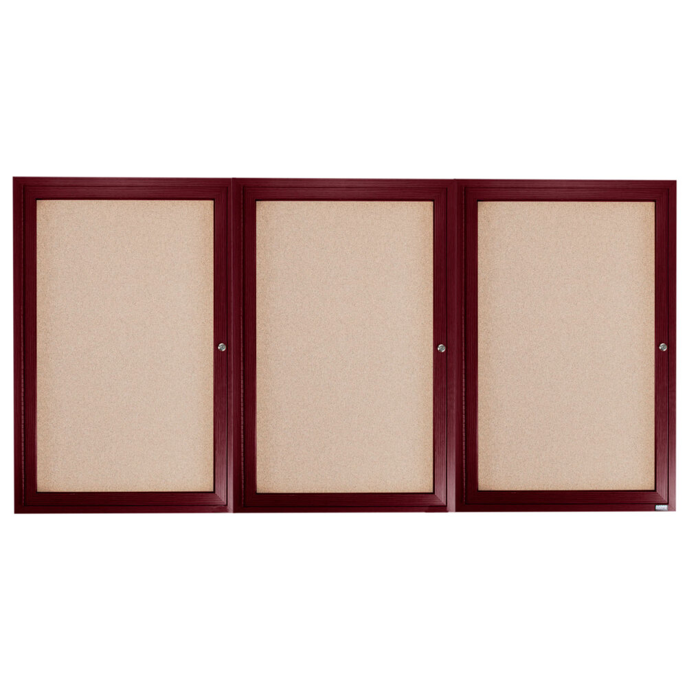 Aarco CBC3672-3R 36" x 72" Enclosed Indoor Hinged Locking 3 Door Bulletin Board with Cherry Frame