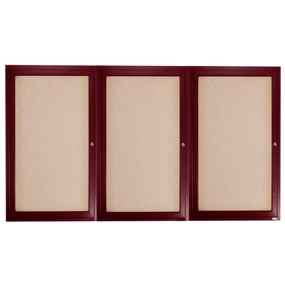 Aarco CBC4872-3R 48" x 72" Enclosed Indoor Hinged Locking 3 Door Bulletin Board with Cherry Frame