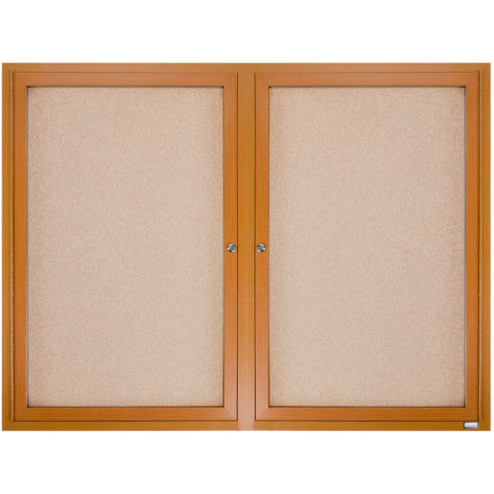 Aarco OBC3648R 36" x 48" Enclosed Indoor Hinged Locking 2 Door Bulletin Board with Natural Oak Frame