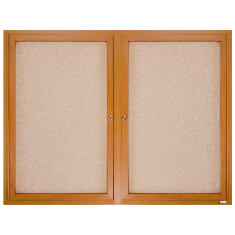 Aarco OBC4860R 48" x 60" Enclosed Indoor Hinged Locking 2 Door Bulletin Board with Natural Oak Frame