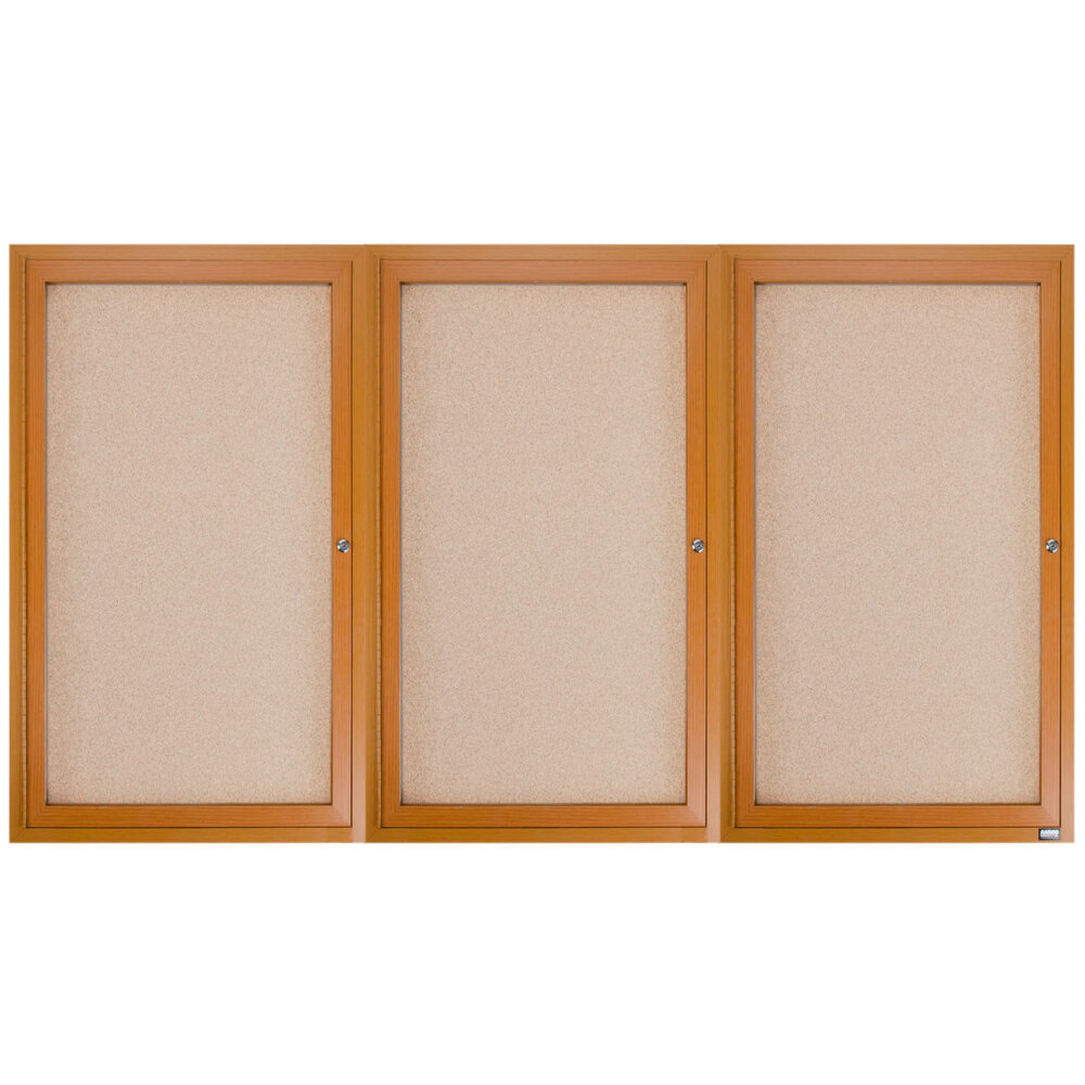 Aarco OBC4872-3R 48" x 72" Enclosed Indoor Hinged Locking 3 Door Bulletin Board with Natural Oak Frame