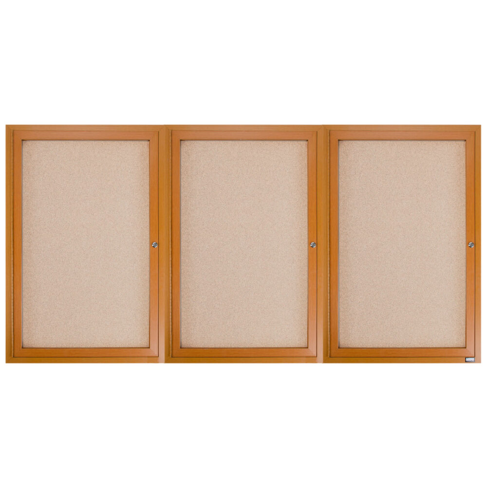 Aarco OBC4896-3R 48" x 96" Enclosed Indoor Hinged Locking 3 Door Bulletin Board with Natural Oak Frame