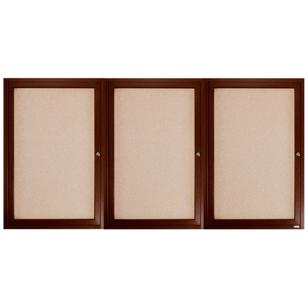 Aarco WBC4896-3R 48" x 96" Enclosed Hinged Locking 3 Door Bulletin Board with Walnut Finish