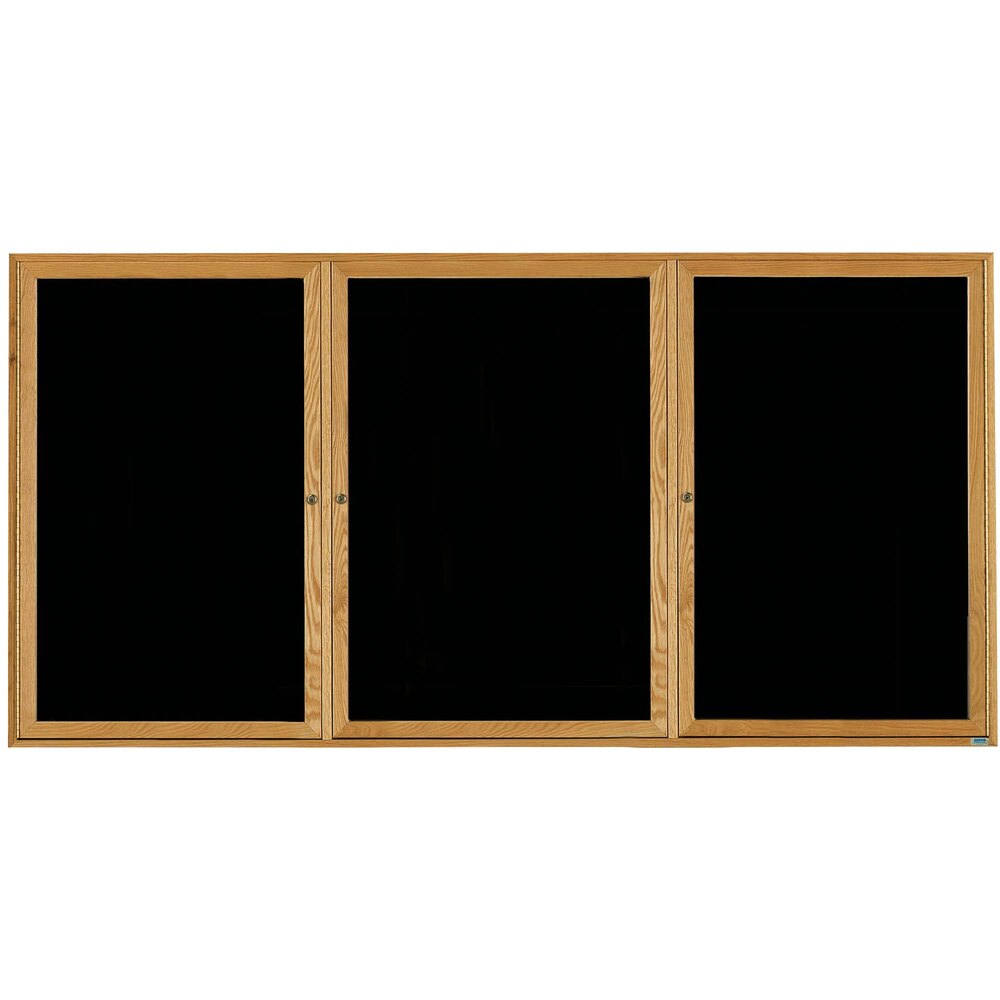 Aarco ODC4896-3 48" x 96" Enclosed Hinged Locking 3 Door Black Felt Message Board with Natural Oak Frame
