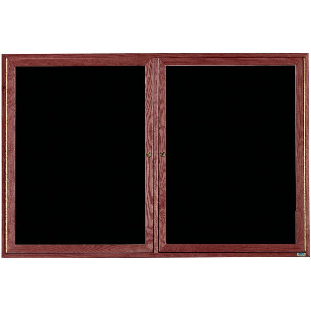 Aarco CDC3660 36" x 60" Enclosed Indoor Hinged Locking 2 Door Black Felt Message Board with Cherry Frame
