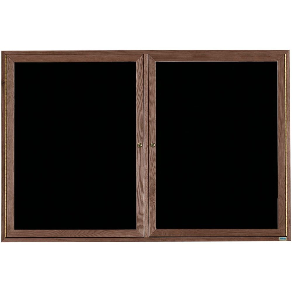 Aarco WDC3660 36" x 60" Enclosed Hinged Locking 2 Door Black Felt Message Board with Walnut Frame