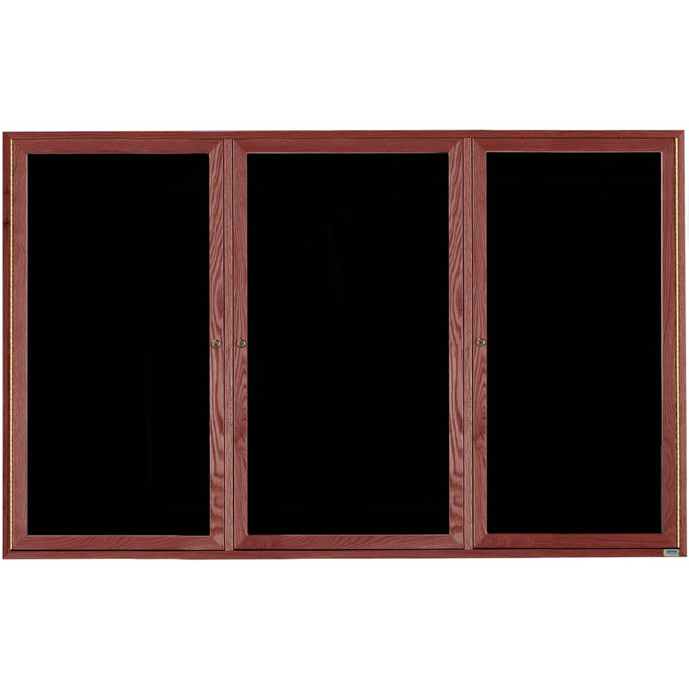 Aarco CDC4872-3 48" x 72 Enclosed Indoor Hinged Locking 3 Door Black Felt Message Board with Cherry Frame