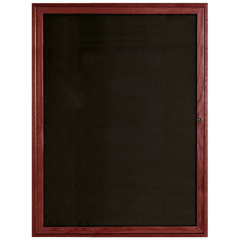 Aarco CDC4836 48" x 36" Enclosed Indoor Hinged Locking 1 Door Black Felt Message Board with Cherry Frame