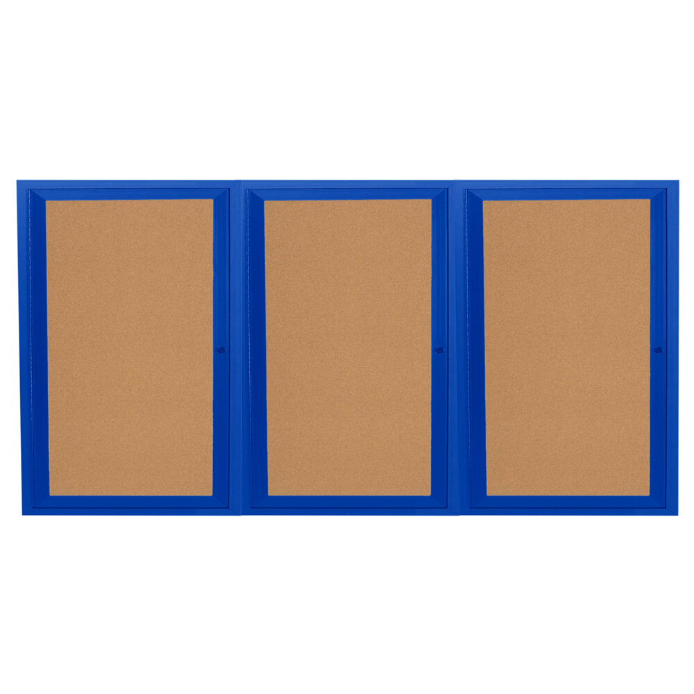 Aarco DCC3672-3RB 36" x 72" Enclosed Hinged Locking 3 Door Powder Coated Blue Finish Indoor Bulletin Board Cabinet