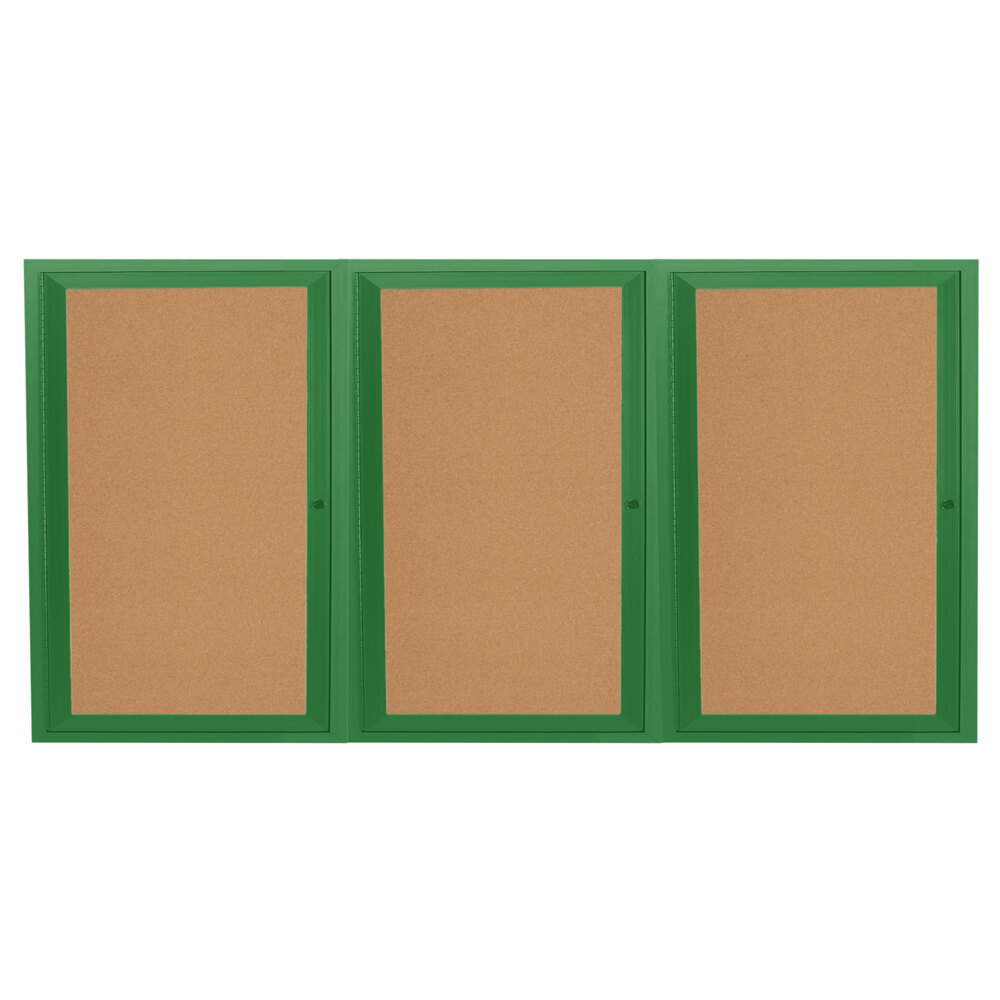 Aarco DCC3672-3RG 36" x 72" Enclosed Hinged Locking 3 Door Powder Coated Green Finish Indoor Bulletin Board Cabinet